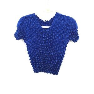 vintage y2k 90s FC bright Blue Popcorn Top stretchy short sleeve OS‎